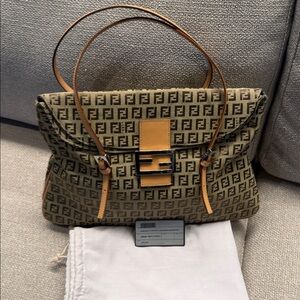 Fendi Spy Bag Zucca Canvas Leather Tote with Top Handle and Kiss Lock Brown